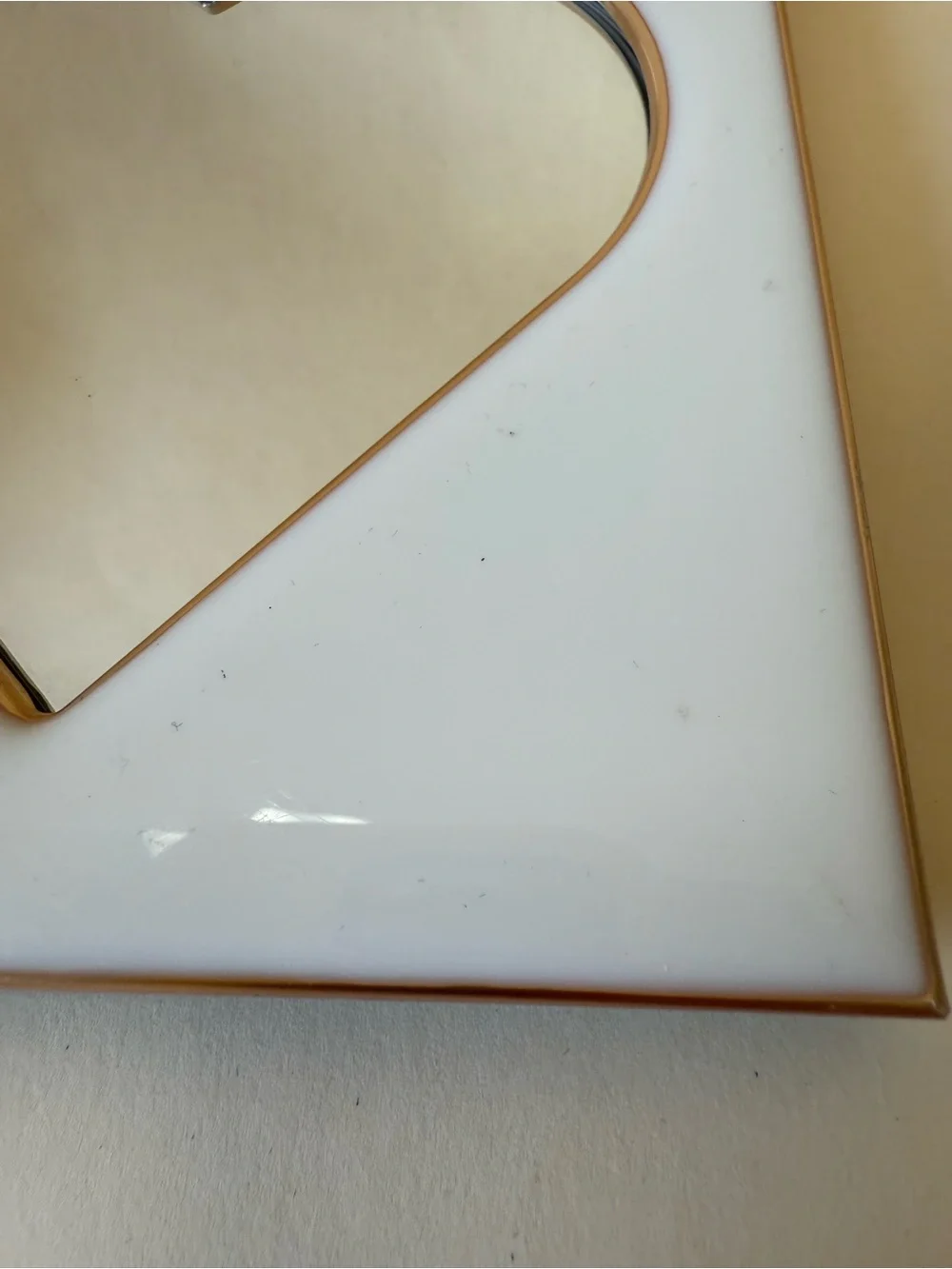 White Enamel and Rose Gold Decorative Heart Shaped Desk Mirror with Frame Stand